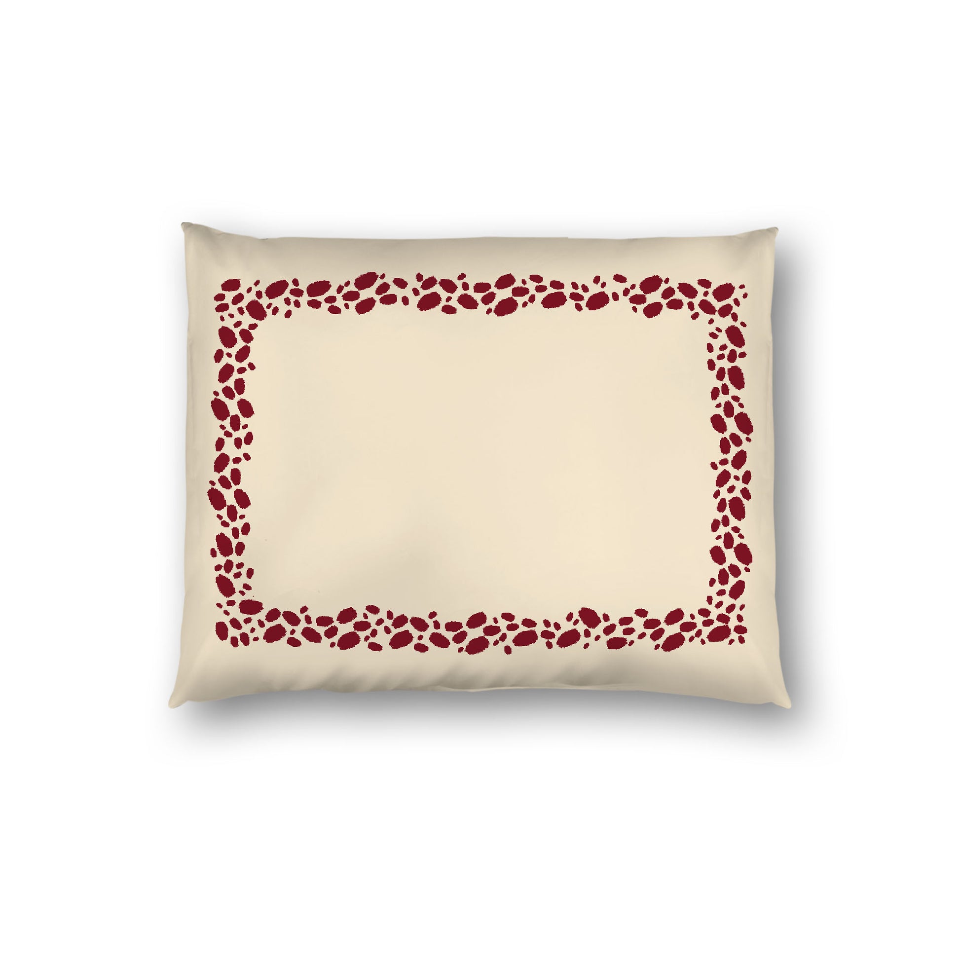 Beige Cotton Sateen Pillow Sham, Burgundy Red Hand-painted Dab Motif Print, Classic Border, White Reverse Side, Standard - 20 x 26 inches