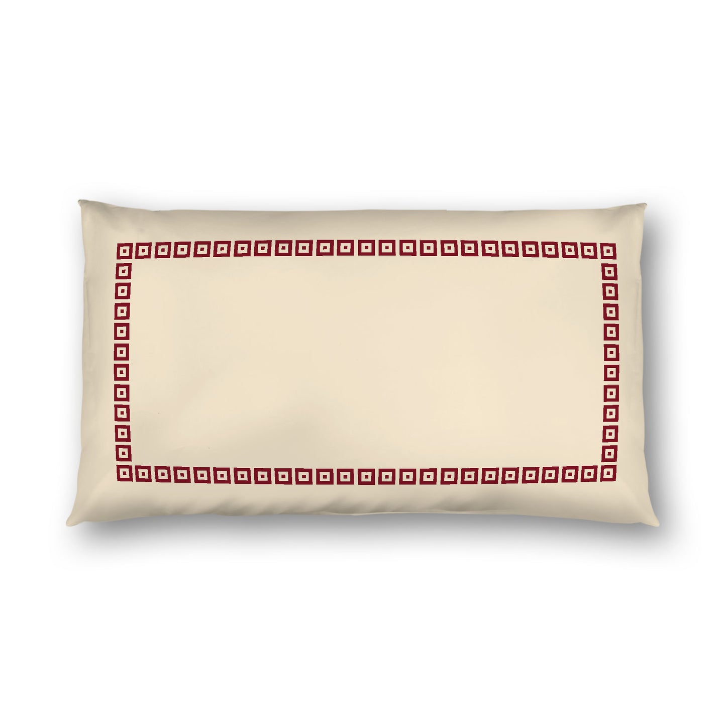 Beige Cotton Sateen Pillow Sham, Burgundy Red Repeating Square Motif Print, Classic Border, White Reverse Side, King - 20 x 36 inches