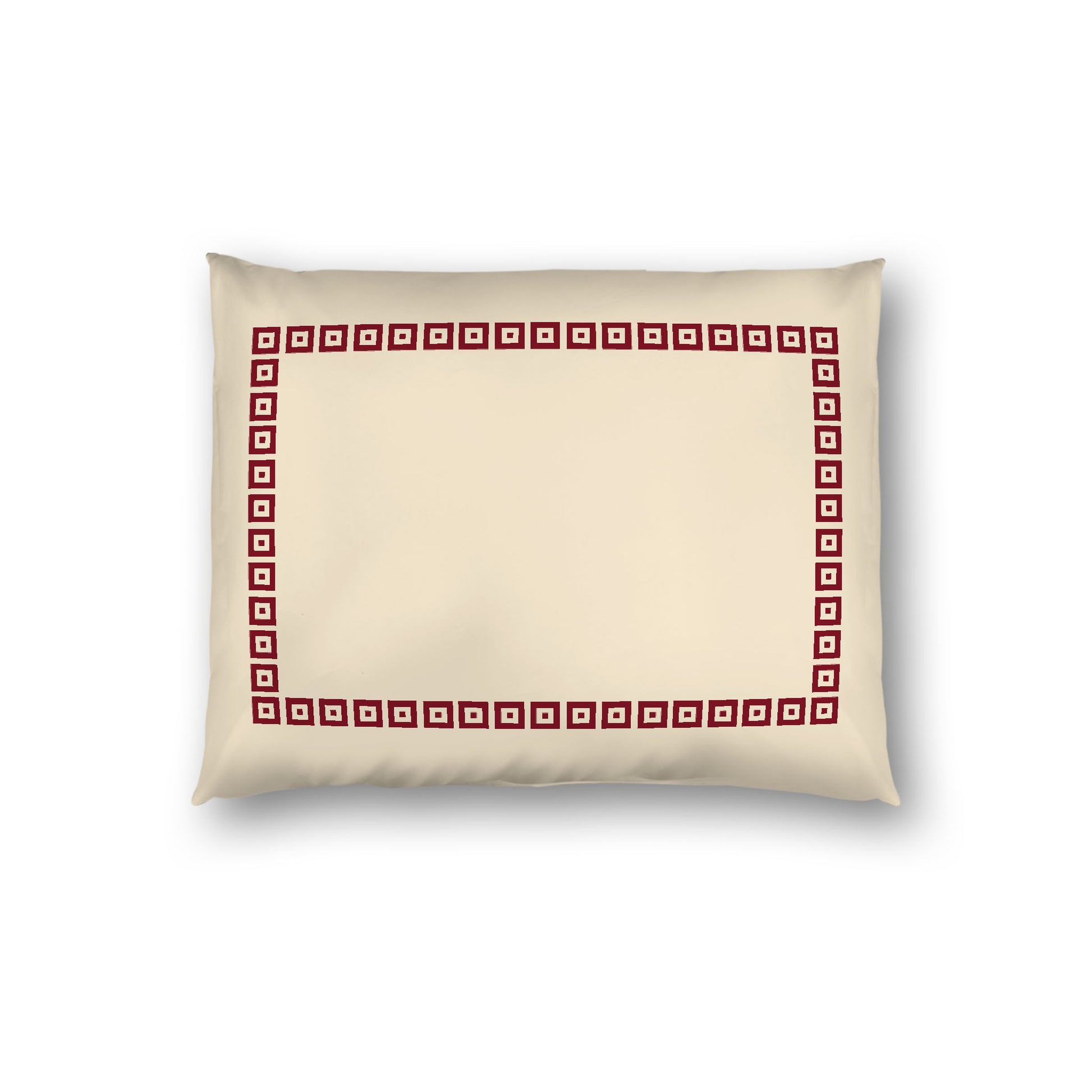 Beige Cotton Sateen Pillow Sham, Burgundy Red Repeating Square Motif Print, Classic Border, White Reverse Side, Standard - 20 x 26 inches