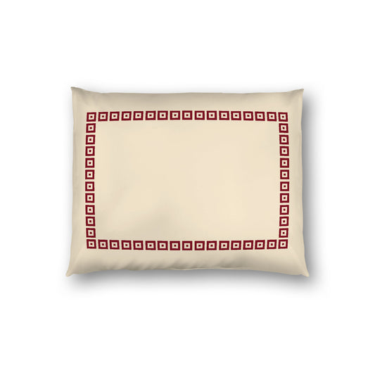 Beige Cotton Sateen Pillow Sham, Burgundy Red Repeating Square Motif Print, Classic Border, White Reverse Side, Standard - 20 x 26 inches