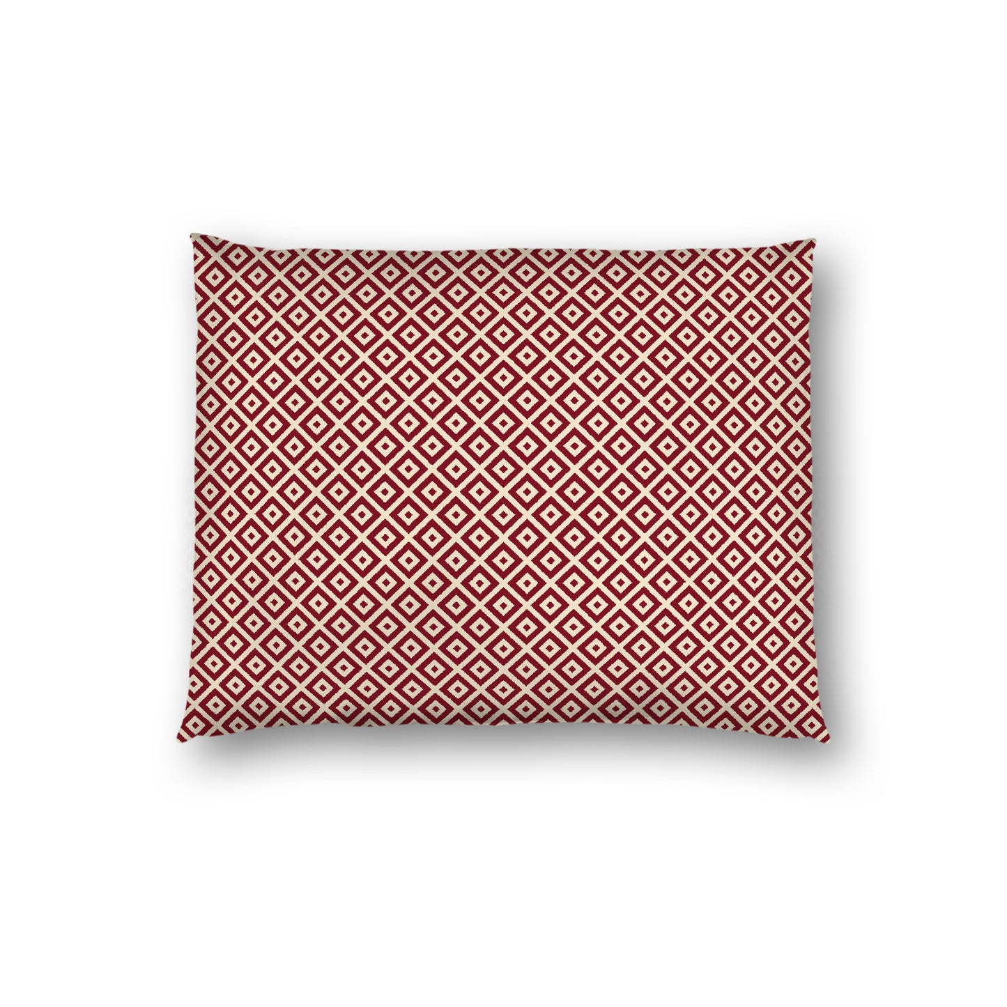 Beige Cotton Sateen Pillow Sham, Burgundy Red Repeating Square Motif Print, Beige Revese Side, Standard - 20 x 26 inches