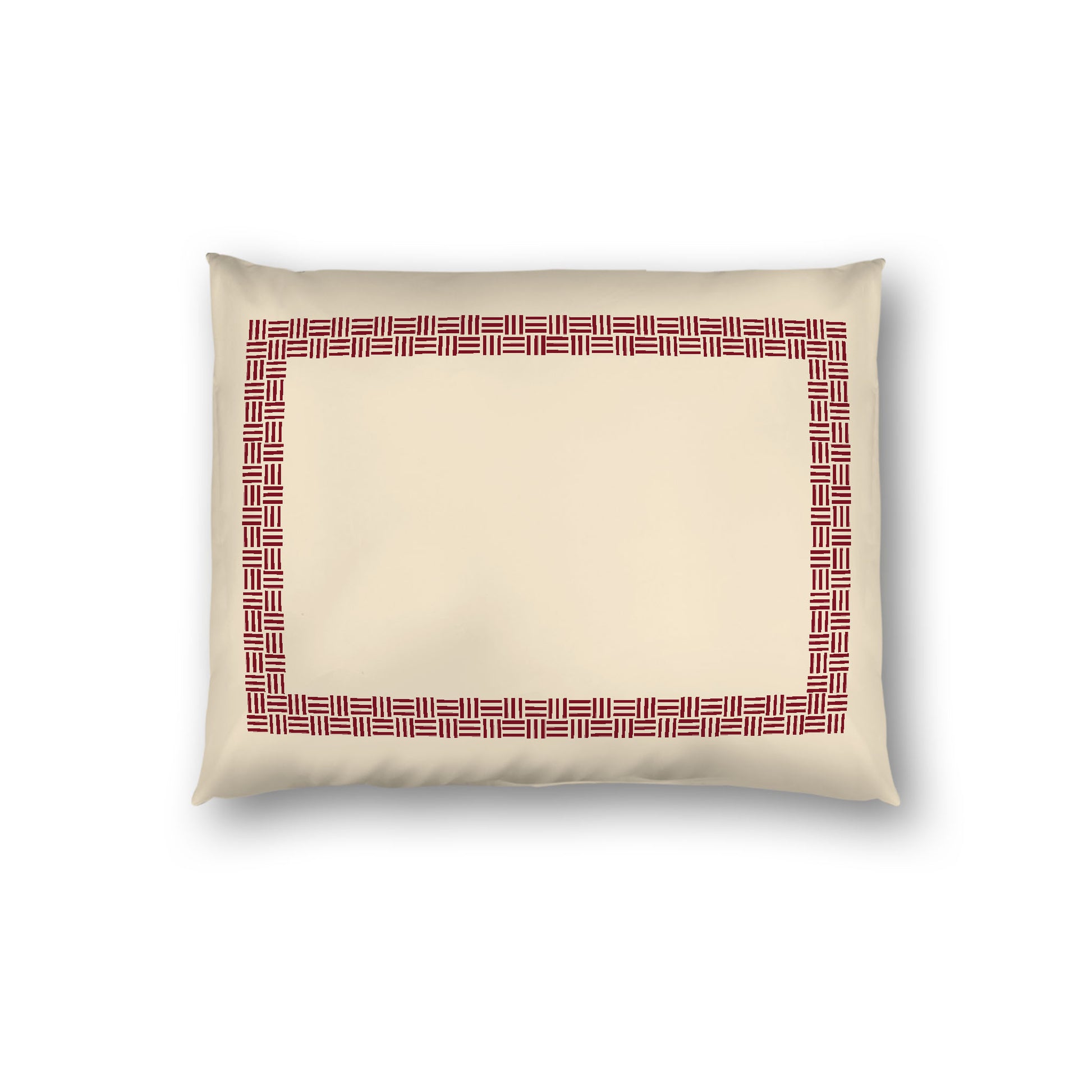 Beige Cotton Sateen Pillow Sham, Burgundy Red Double Weave Motif Print, Classic Border, White Reverse Side, Standard - 20 x 26 inches