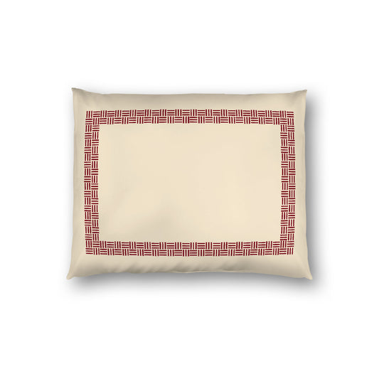 Beige Cotton Sateen Pillow Sham, Burgundy Red Double Weave Motif Print, Classic Border, White Reverse Side, Standard - 20 x 26 inches