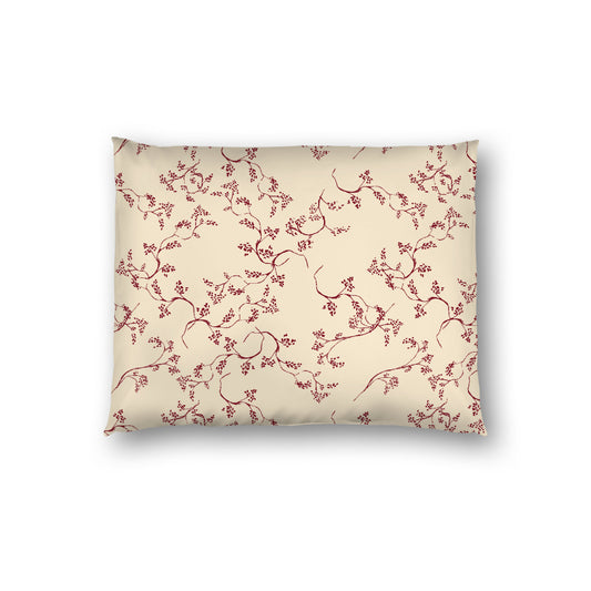Beige Cotton Sateen Pillow Sham, Burgundy Red Hand-painted Vine Print, White Reverse Side, Standard - 20 x 26 inches