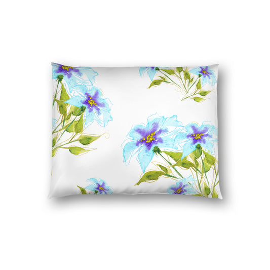 Off-White Cotton Sateen Pillow Sham, Large Blue Floral Print, Standard - 20 x 26 inches