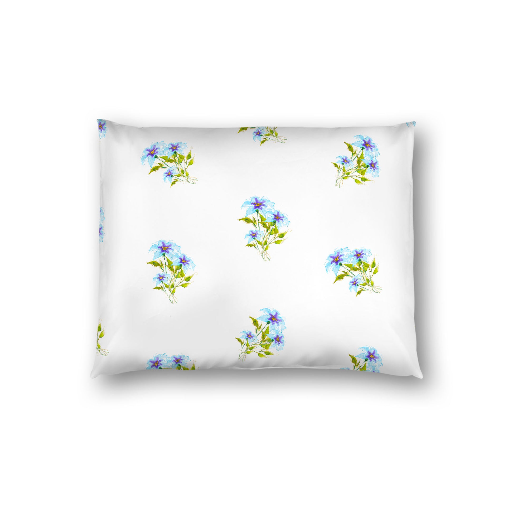 Off-White Cotton Sateen Pillow Sham, Medium Blue Floral Pattern, Standard - 20 x 26 inches