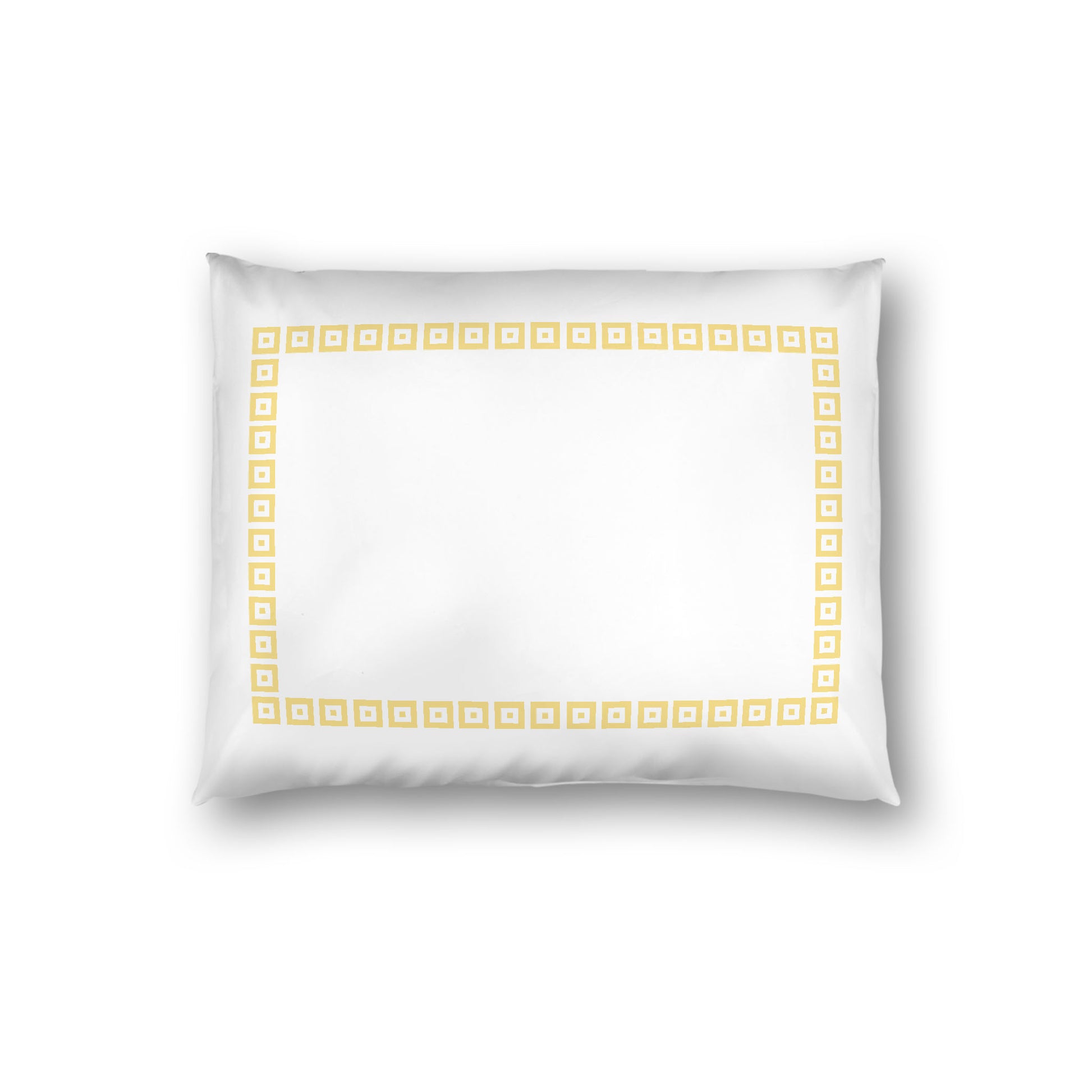 Off-white Cotton Sateen Pillow Sham, Yellow Repeating Square Motif Print, Classic Border, White Reverse Side, Standard - 20 x 26 inches