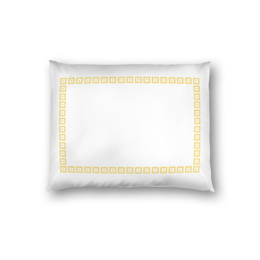 Off-white Cotton Sateen Pillow Sham, Yellow Repeating Square Motif Print, Classic Border, White Reverse Side, Standard - 20 x 26 inches