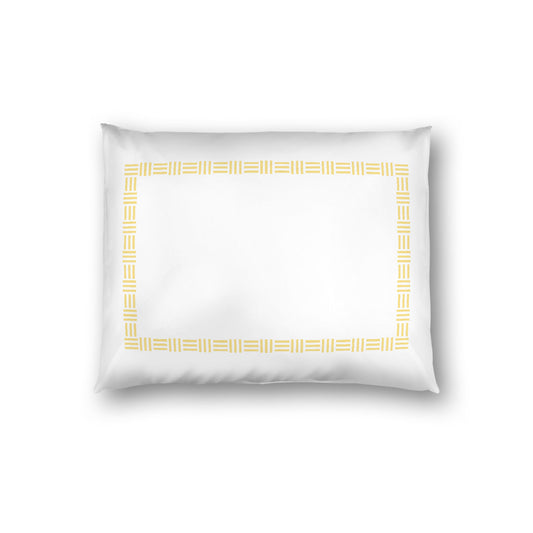 Off-white Cotton Sateen Pillow Sham, Yellow Single Weave Motif Print, Classic Border, White Reverse Side, Standard - 20 x 26 inches