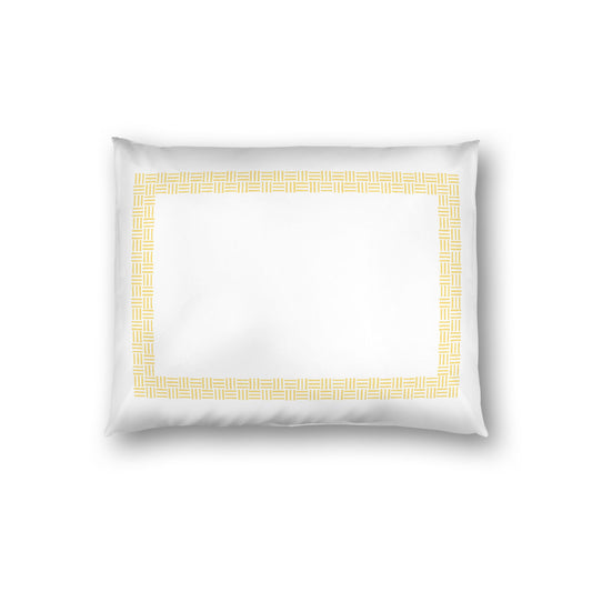 Off-white Cotton Sateen Pillow Sham, Yellow Double Weave Motif Print, Classic Border, White Reverse Side, Standard - 20 x 26 inches