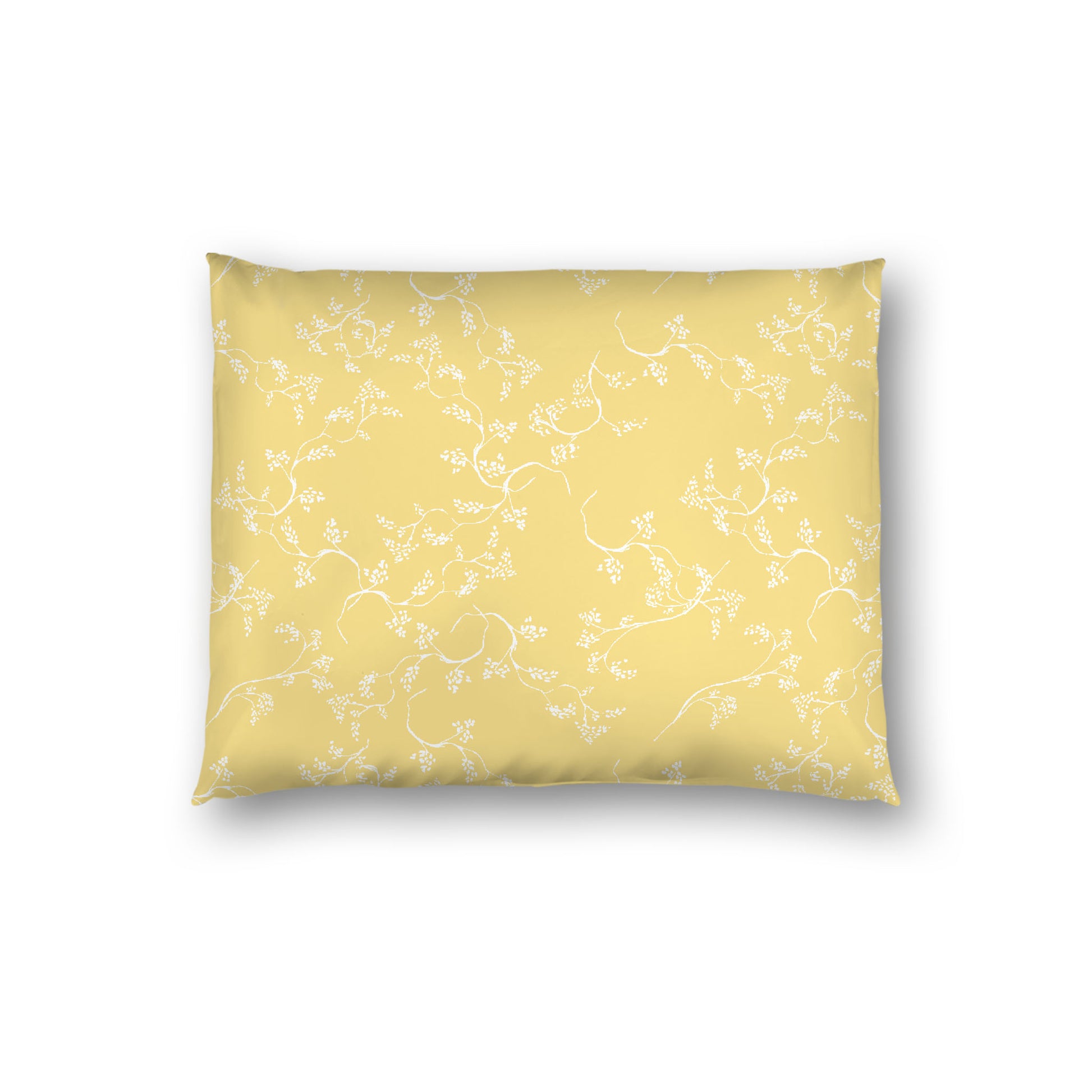 Off-white Cotton Sateen Pillow Sham, Yellow Hand-painted Vine Print, White Reverse Side, Standard - 20 x 26 inches