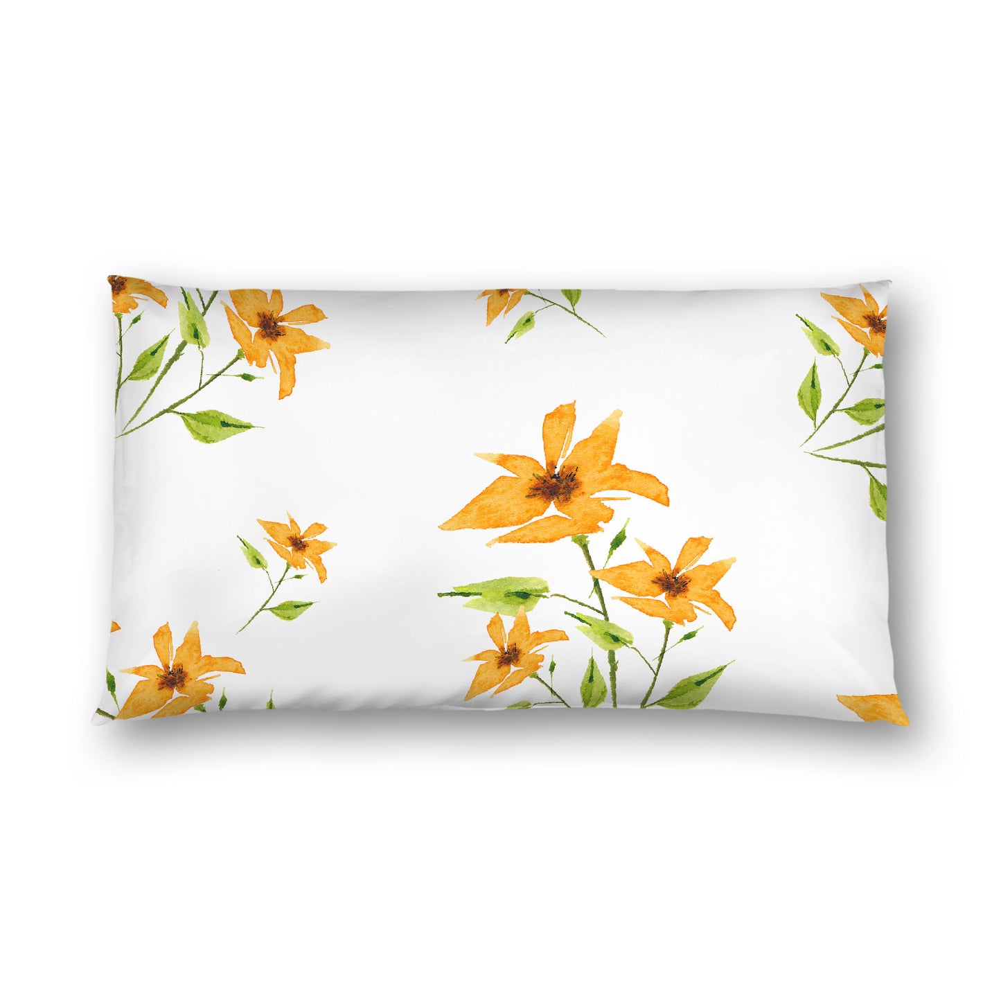 Off-White Cotton Sateen Pillow Sham, Large Yellow-Orange Floral Print, King - 20 x 36 inches