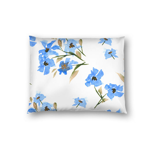 Off-White Cotton Sateen Pillow Sham, Large Blue Floral Print, Standard - 20 x 26 inches