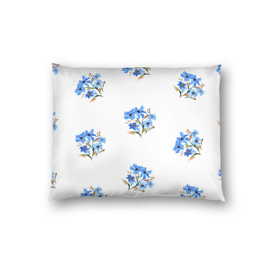 Off-White Cotton Sateen Pillow Sham, Medium Blue Floral Pattern, Standard - 20 x 26 inches