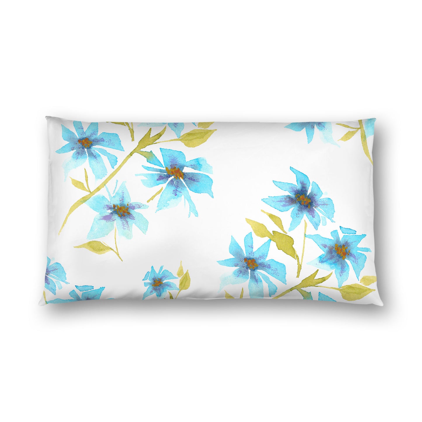 Off-White Cotton Sateen Pillow Sham, Large Blue Floral Print, King - 20 x 36 inches