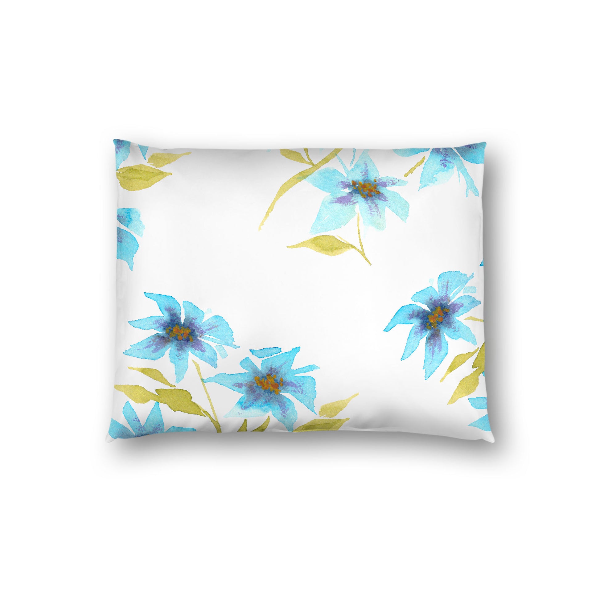 Off-White Cotton Sateen Pillow Sham, Large Blue Floral Print, Standard - 20 x 26 inches
