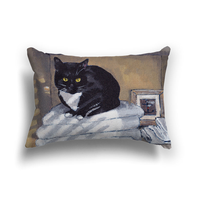 Fine Art Throw Pillow in Spun Poly or Faux Suede | Black Cat on a Shelf, CUSP-1000-1150