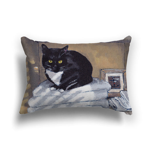 Fine Art Throw Pillow in Spun Poly or Faux Suede | Black Cat on a Shelf, CUSP-1000-1150