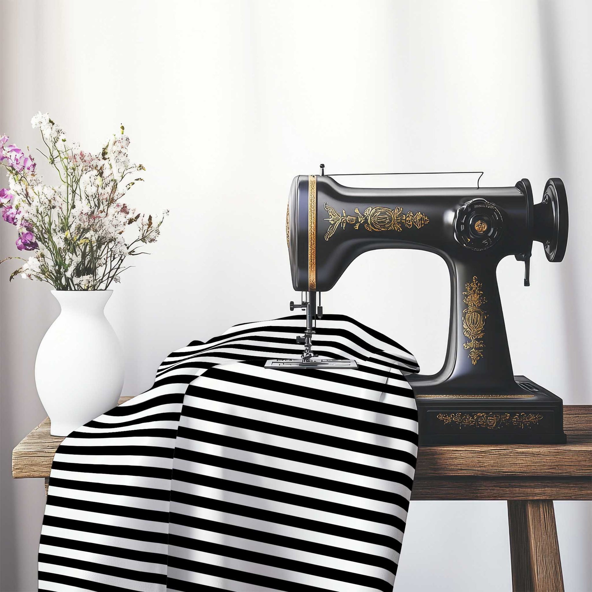 White Spun Polyester Fabric with Black Bars, FASP-1010-051, on an antique sewing machine sitting on a desk with vase of beautiful flowers.