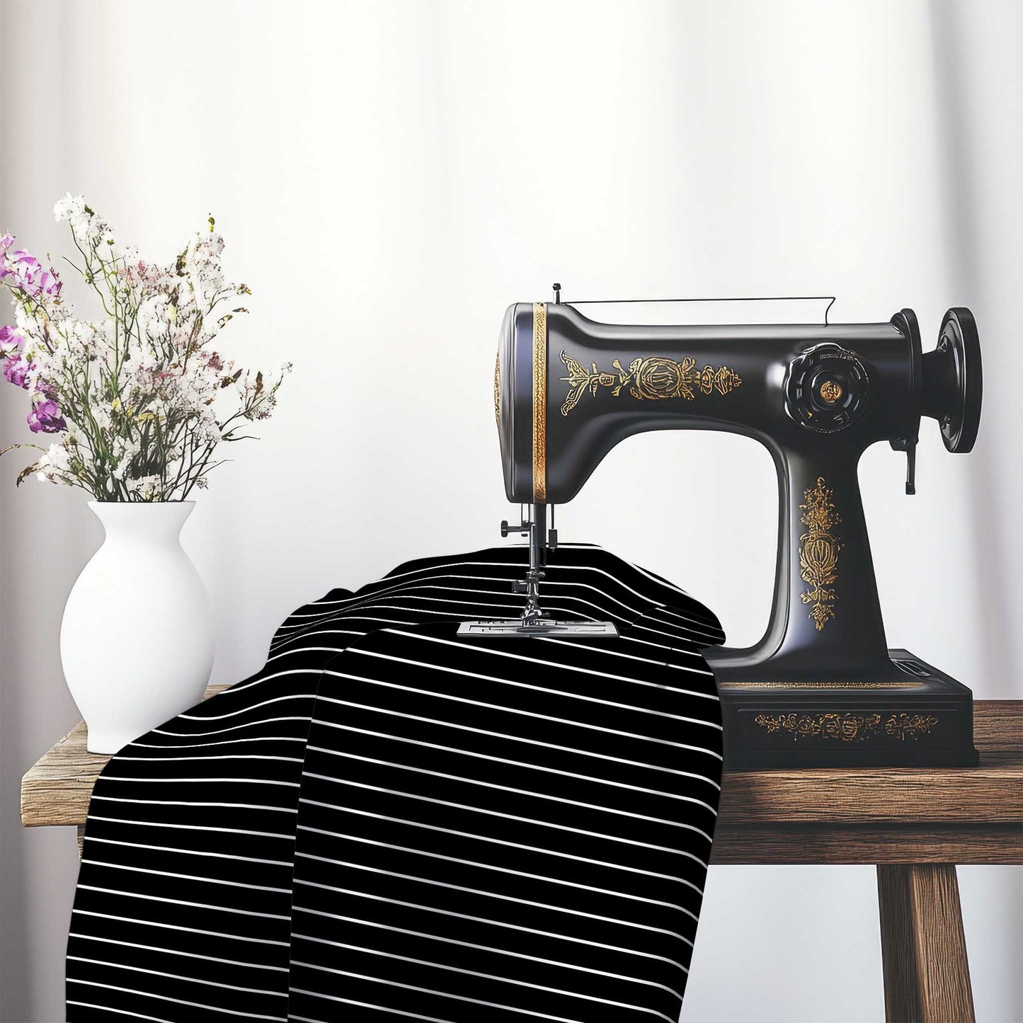 Black Spun Polyester Fabric with Fine White Stripes, FASP-1010-152, on an antique sewing machine sitting on a desk with vase of beautiful flowers.