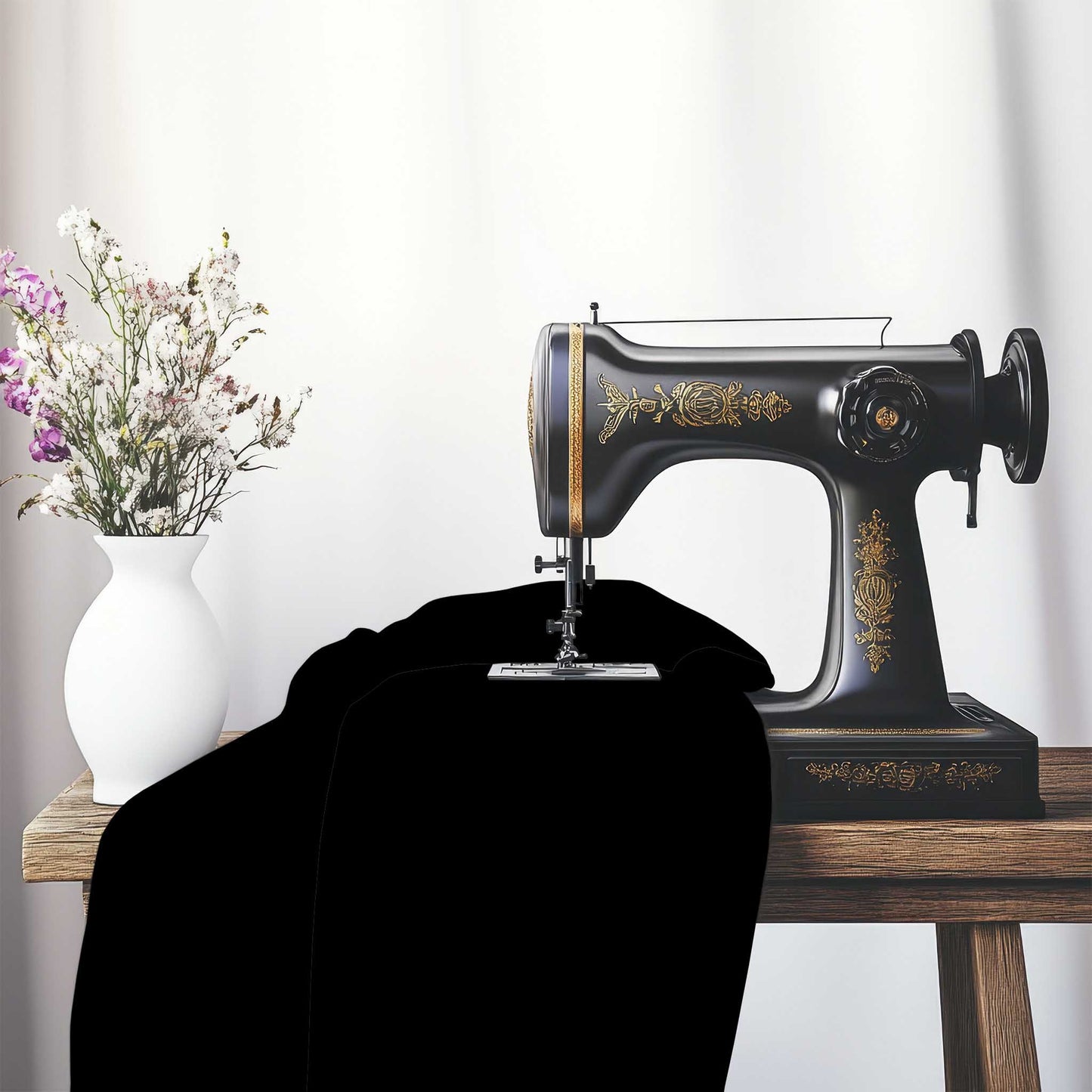 Black Spun Polyester Fabric, FASP-1010-999, on an antique sewing machine sitting on a desk with vase of beautiful flowers.
