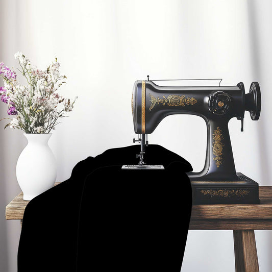Black Spun Polyester Fabric, FASP-1010-999, on an antique sewing machine sitting on a desk with vase of beautiful flowers.