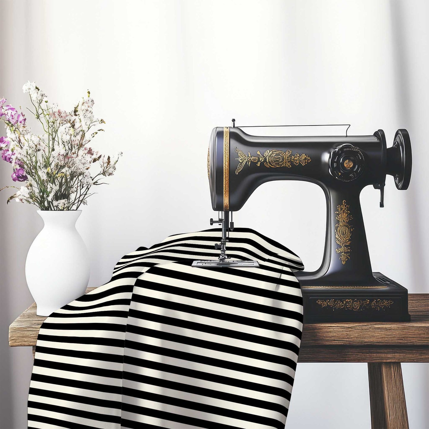 Spun Polyester Fabric with Black Bars on Pale Cream, FASP-1013-051, on an antique sewing machine sitting on a desk with vase of beautiful flowers.