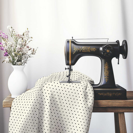 Spun Polyester Fabric with Fine Black Diamonds onPale Cream, FASP-1013-111, on an antique sewing machine sitting on a desk with vase of beautiful flowers.