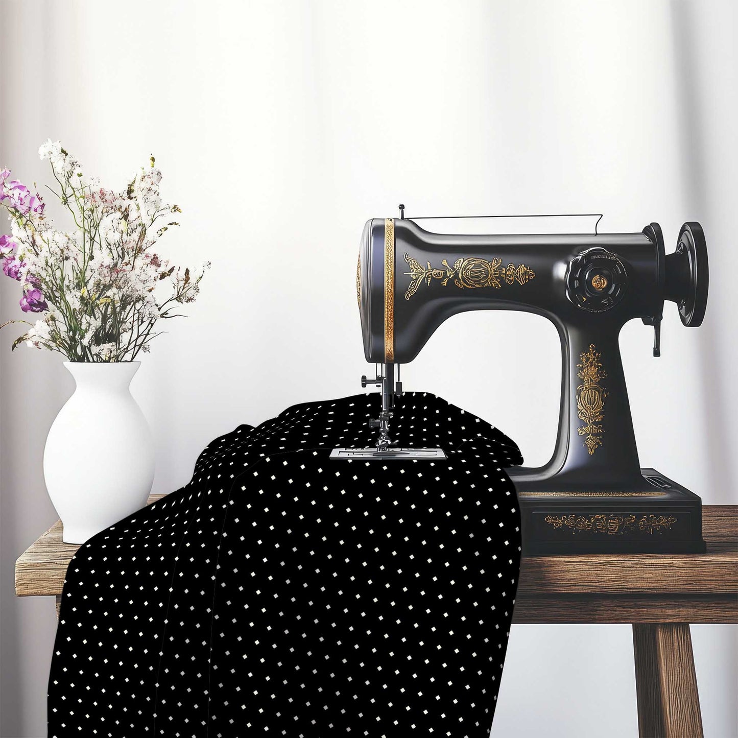 Spun Polyester Fabric with Fine Pale Cream Diamonds on Black, FASP-1013-112, on an antique sewing machine sitting on a desk with vase of beautiful flowers.