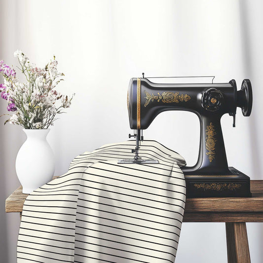 Spun Polyester Fabric with Fine Black Stripes onPale Cream, FASP-1013-151, on an antique sewing machine sitting on a desk with vase of beautiful flowers.