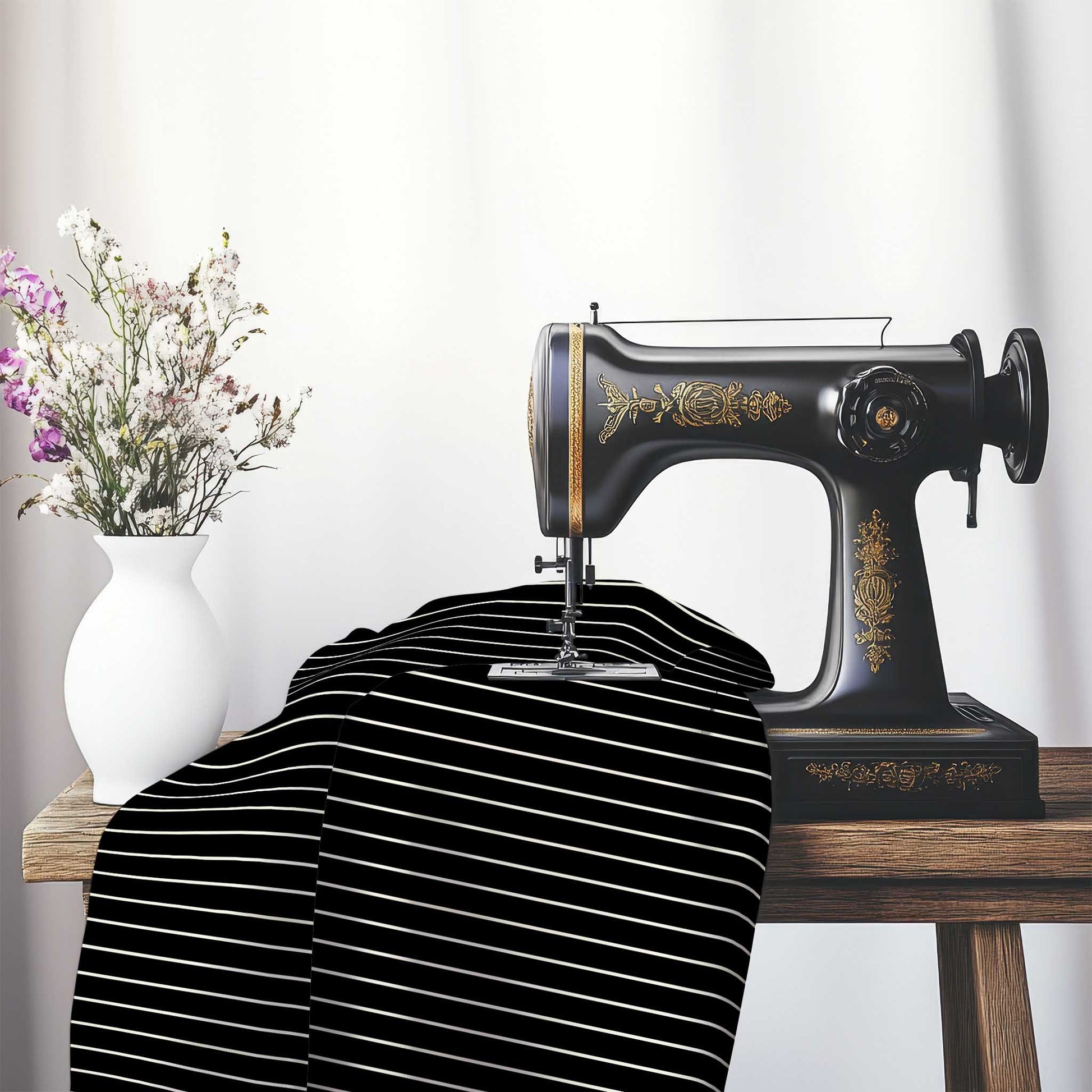 Spun Polyester Fabric with Fine Pale Cream Stripes on Black, FASP-1013-152, on an antique sewing machine sitting on a desk with vase of beautiful flowers.