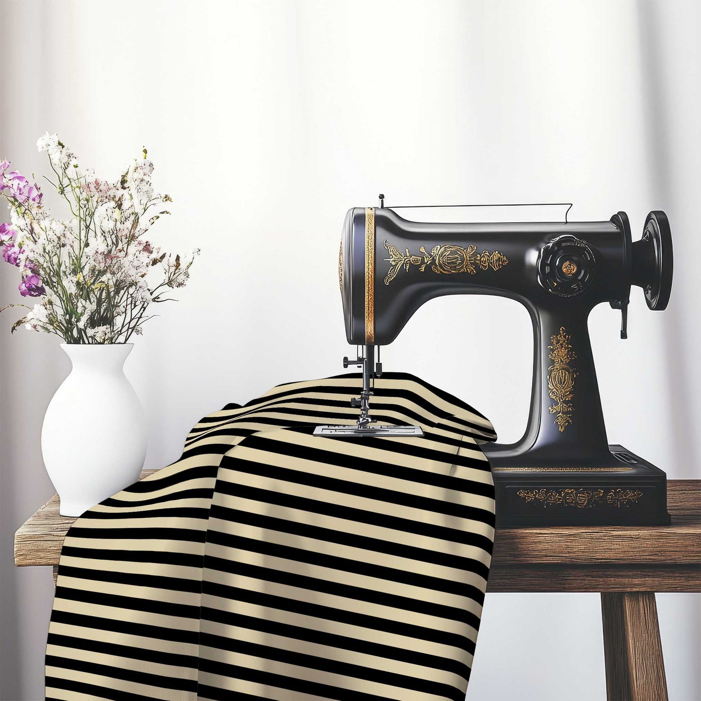 Spun Polyester Fabric with Black Bars on Tan, FASP-1014-051, on an antique sewing machine sitting on a desk with vase of beautiful flowers.