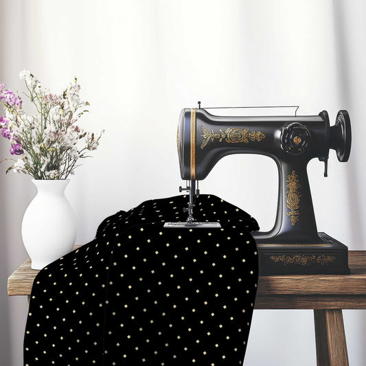 Spun Polyester Fabric with Tan Diamonds on Black, FASP-1014-102, on an antique sewing machine sitting on a desk with vase of beautiful flowers.
