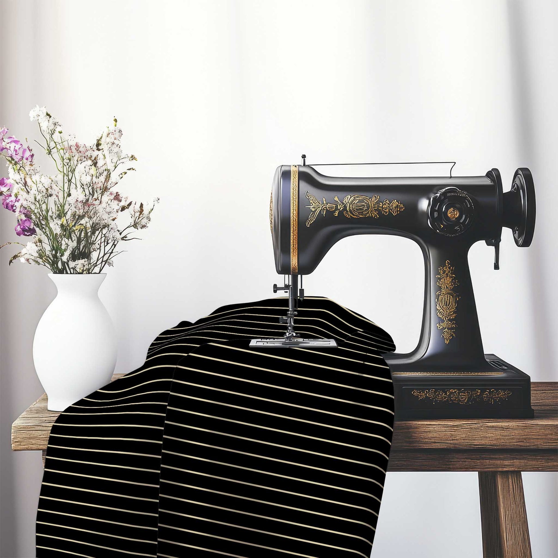 Spun Polyester Fabric with Fine Tan Stripes on Black, FASP-1014-152, on an antique sewing machine sitting on a desk with vase of beautiful flowers.