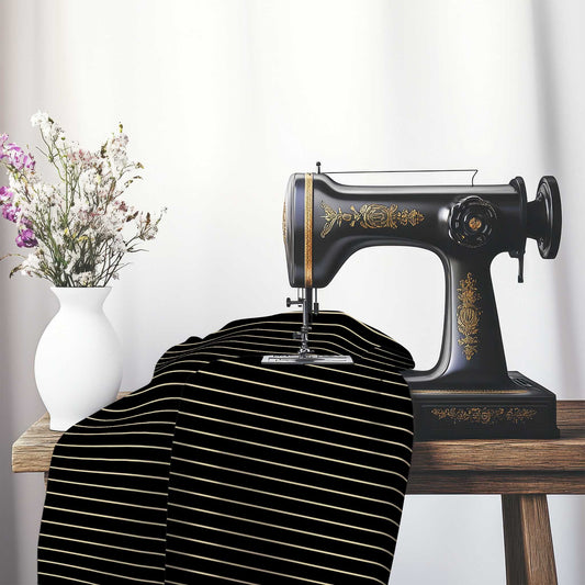 Spun Polyester Fabric with Fine Tan Stripes on Black, FASP-1014-152, on an antique sewing machine sitting on a desk with vase of beautiful flowers.