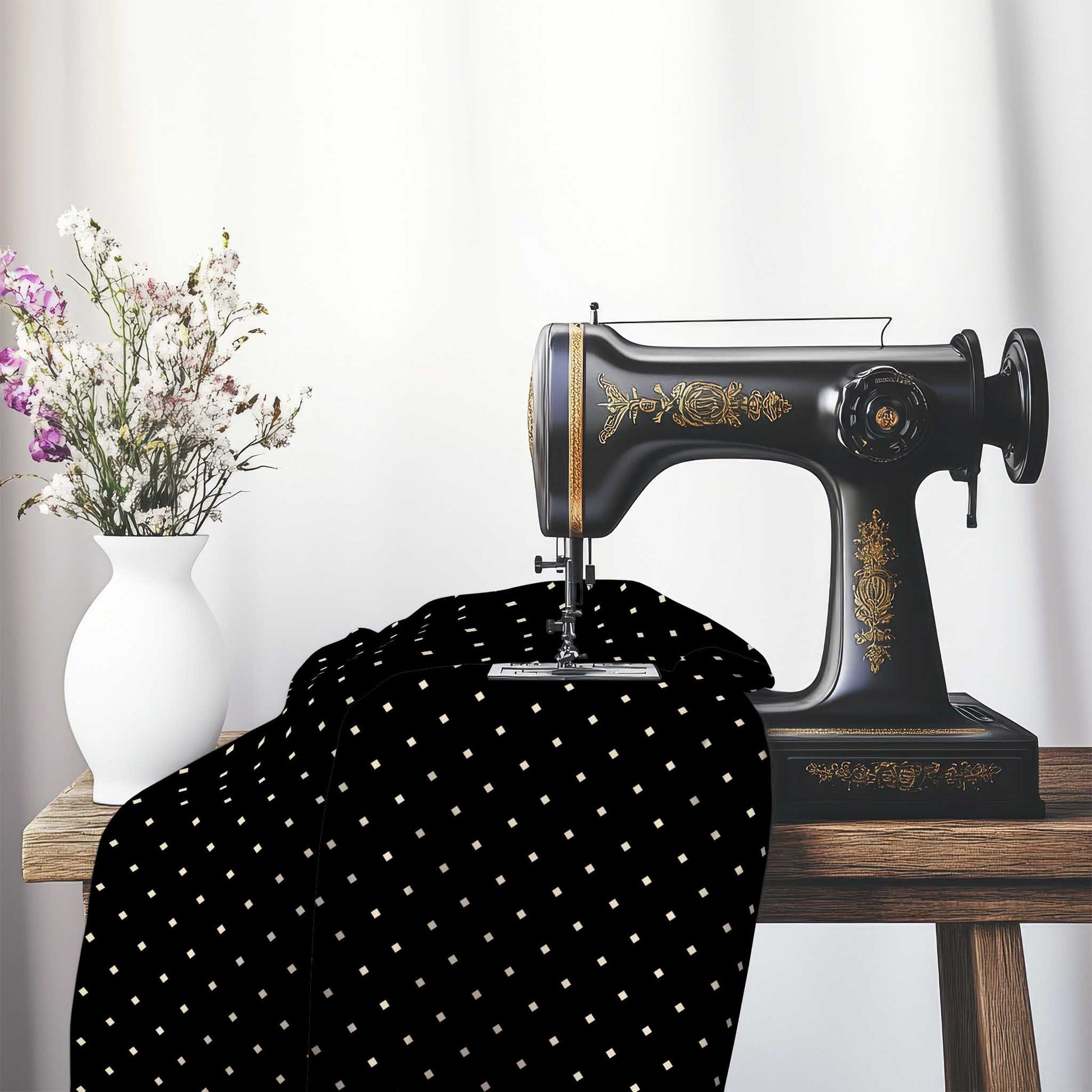 Spun Polyester Fabric with Beige Diamonds on Black, FASP-1015-102, on an antique sewing machine sitting on a desk with vase of beautiful flowers.