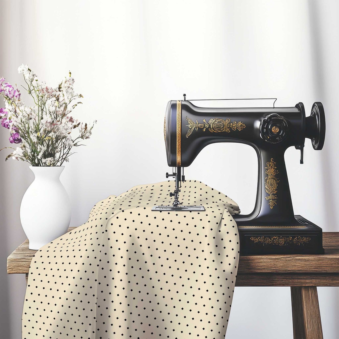 Spun Polyester Fabric with Fine Black Diamonds on Beige, FASP-1015-111, on an antique sewing machine sitting on a desk with vase of beautiful flowers.