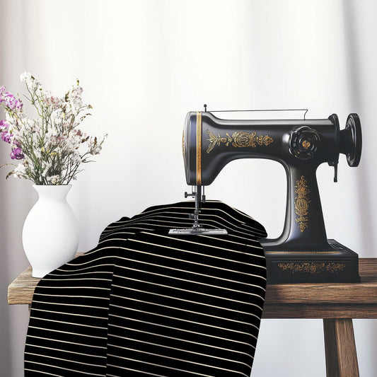 Spun Polyester Fabric with Fine Beige Stripes on Black, FASP-1015-152, on an antique sewing machine sitting on a desk with vase of beautiful flowers.