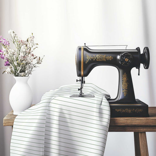 White Spun Polyester Fabric with Fine Green Stripes, FASP-1052-151, on an antique sewing machine sitting on a desk with vase of beautiful flowers.