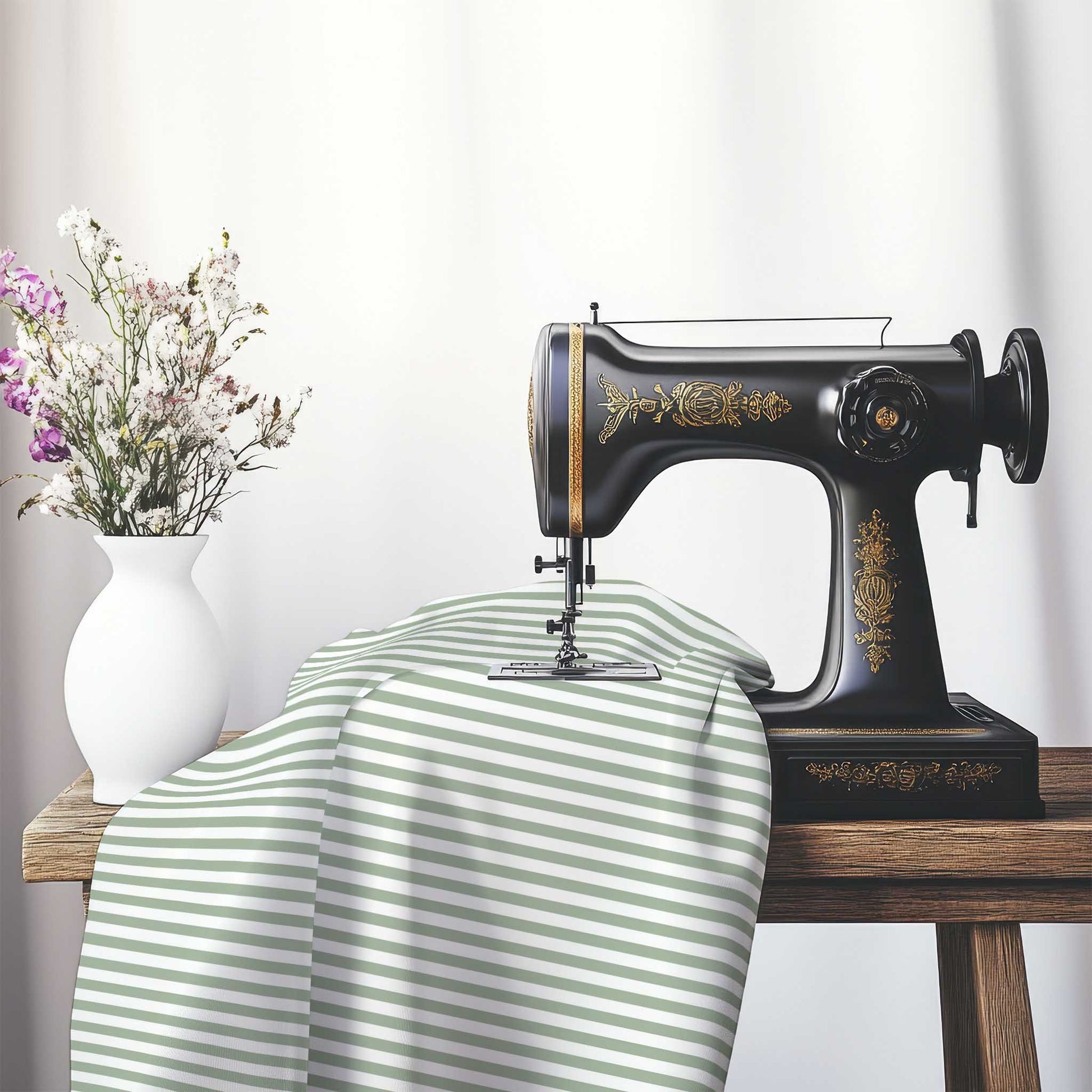 White Spun Polyester Fabric with Thin Green Bars, FASP-1052-241, on an antique sewing machine sitting on a desk with vase of beautiful flowers.
