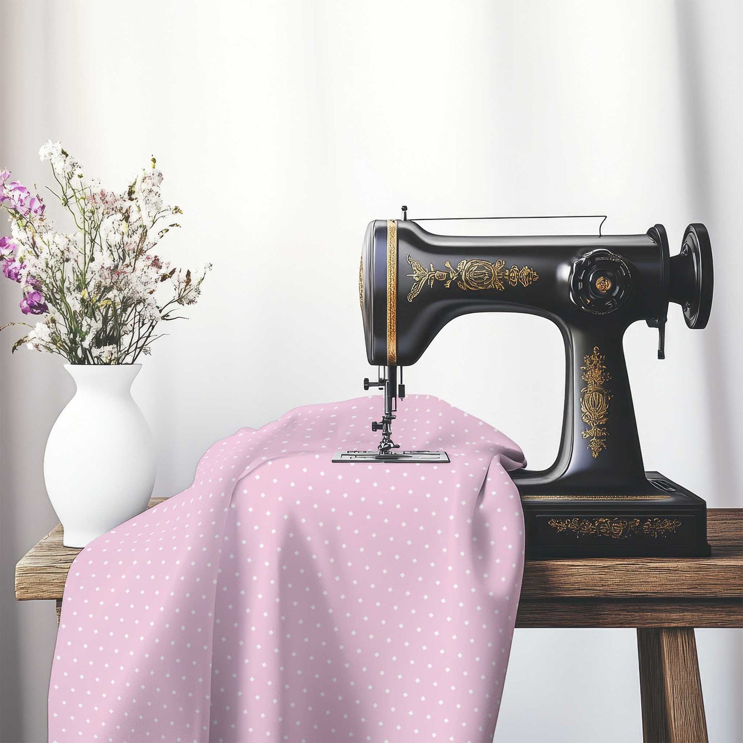 Spun Polyester Fabric with Fine White Diamonds on Pink, FASP-1081-112, on an antique sewing machine sitting on a desk with vase of beautiful flowers.