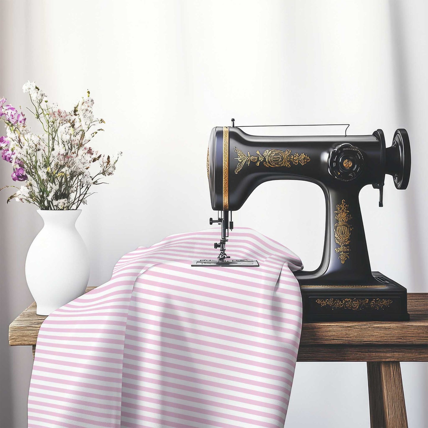 White Spun Polyester Fabric with Thin Pink Bars, FASP-1081-241, on an antique sewing machine sitting on a desk with vase of beautiful flowers.