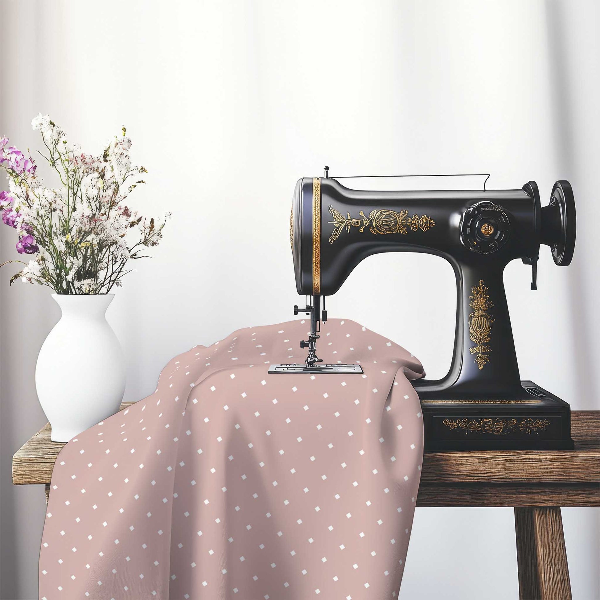 Spun Polyester Fabric with White Diamonds on Salmon, FASP-1139-102, on an antique sewing machine sitting on a desk with vase of beautiful flowers.