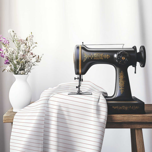 White Spun Polyester Fabric with Fine Salmon Stripes, FASP-1139-151, on an antique sewing machine sitting on a desk with vase of beautiful flowers.