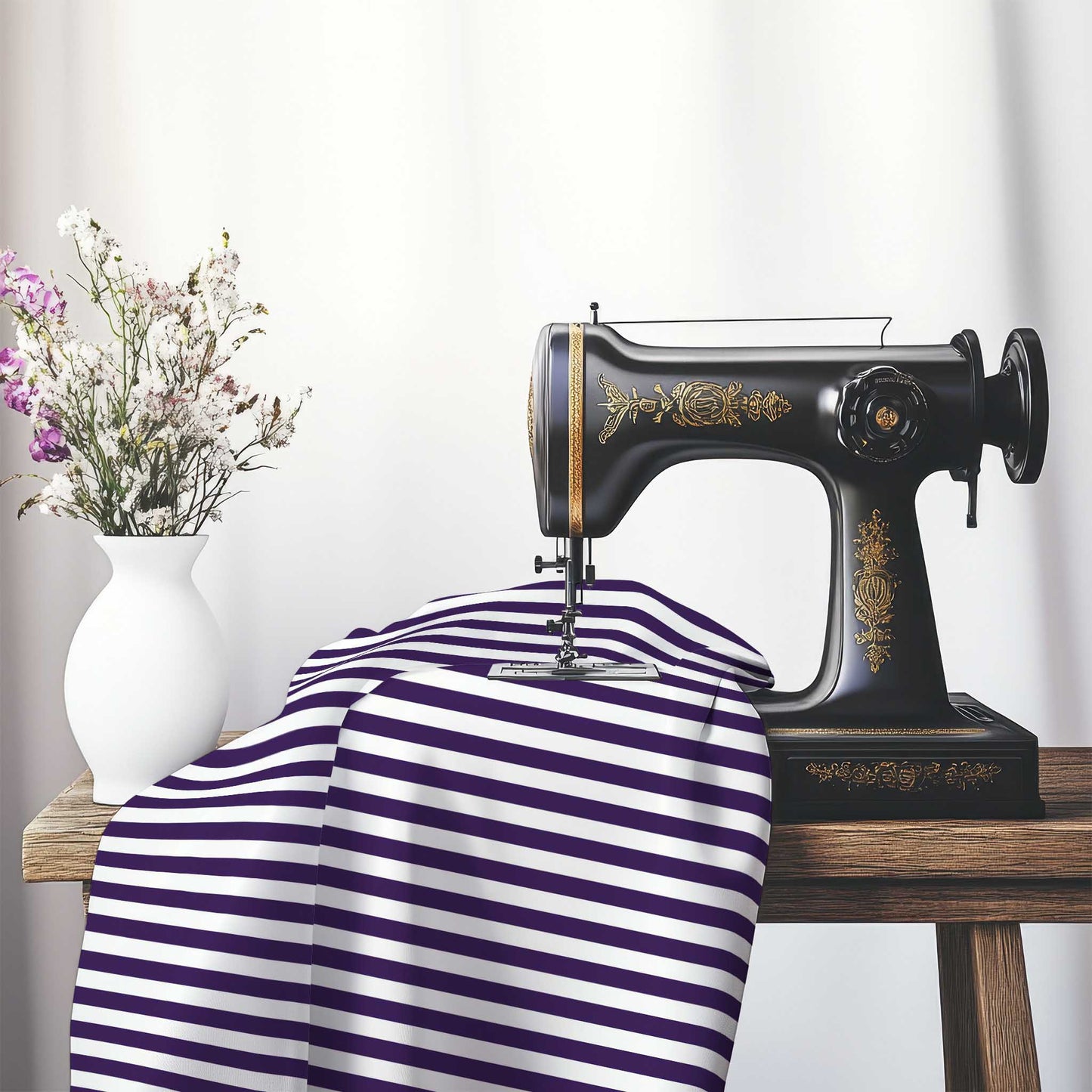 White Spun Polyester Fabric with Purple Bars, FASP-1143-051, on an antique sewing machine sitting on a desk with vase of beautiful flowers.