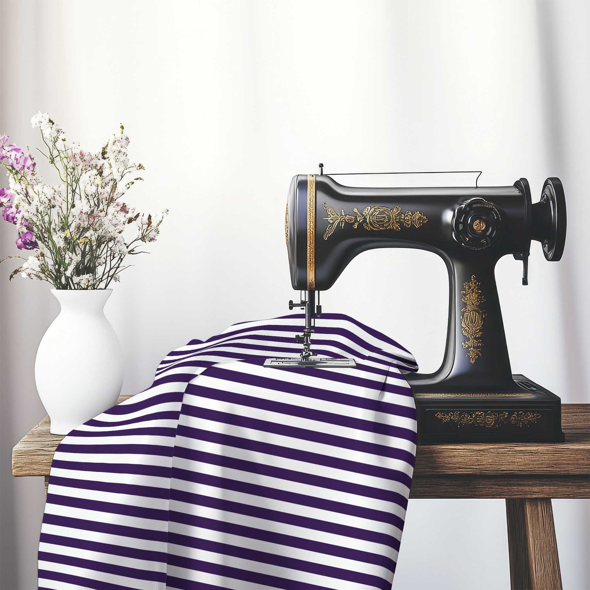 White Spun Polyester Fabric with Purple Bars, FASP-1143-051, on an antique sewing machine sitting on a desk with vase of beautiful flowers.