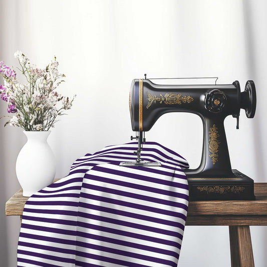 White Spun Polyester Fabric with Purple Bars, FASP-1143-051, on an antique sewing machine sitting on a desk with vase of beautiful flowers.