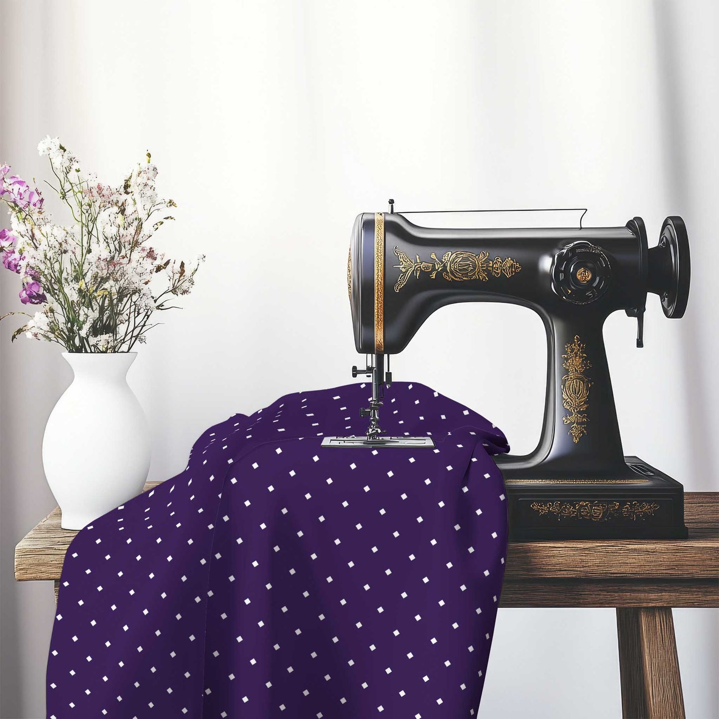 Spun Polyester Fabric with White Diamonds on Purple, FASP-1143-102, on an antique sewing machine sitting on a desk with vase of beautiful flowers.