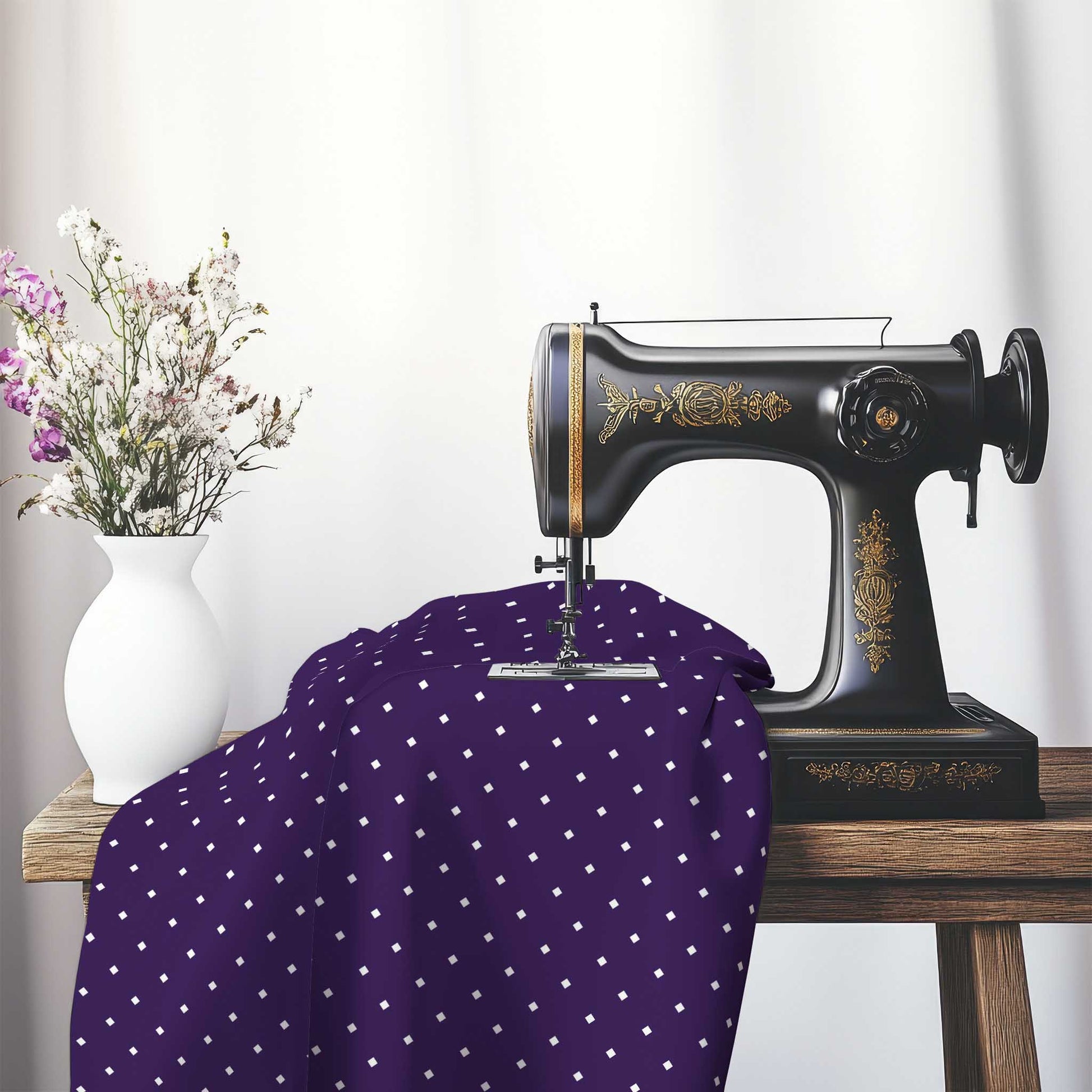 Spun Polyester Fabric with White Diamonds on Purple, FASP-1143-102, on an antique sewing machine sitting on a desk with vase of beautiful flowers.
