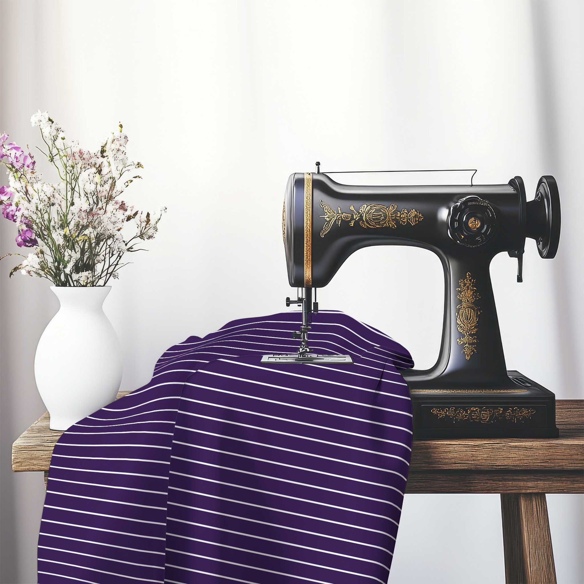 Spun Polyester Fabric with Fine White Stripes on Purple, FASP-1143-152, on an antique sewing machine sitting on a desk with vase of beautiful flowers.